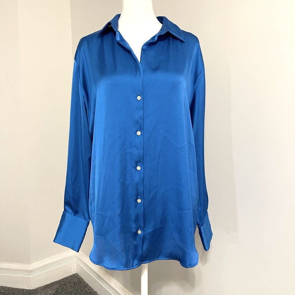 Zara Satin Button Front Top Womens Size Medium Collared V Neck Oversized Blue